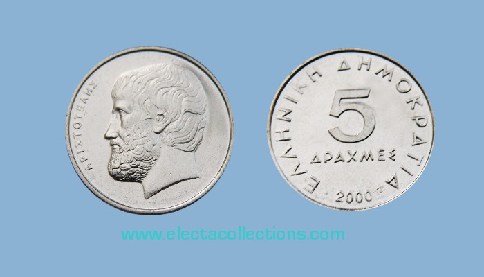 Greece - 5 drachmas coin UNC, Aristotle, 2000